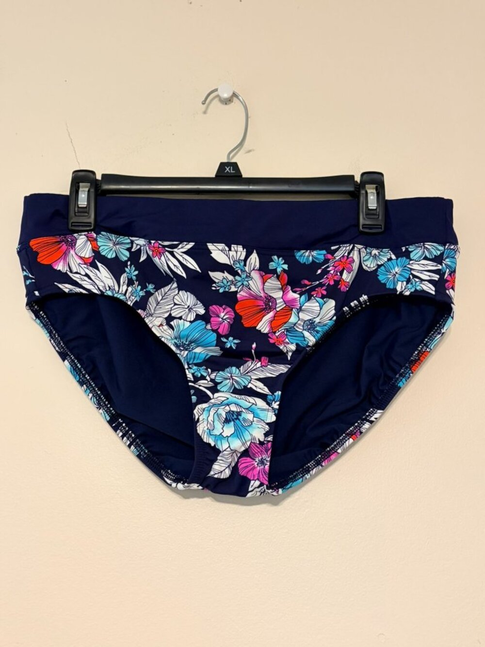 Women's Lands End Navy Blue Floral Swimsuit Briefs Bottoms Size 14
